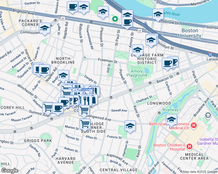 map of restaurants, bars, coffee shops, grocery stores, and more near 63 Parkman Street in Brookline