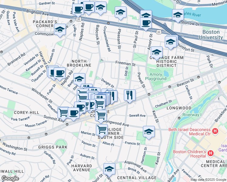map of restaurants, bars, coffee shops, grocery stores, and more near 15 Dwight Street in Brookline