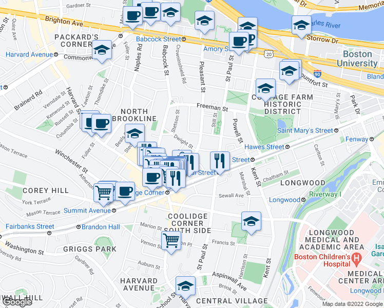 map of restaurants, bars, coffee shops, grocery stores, and more near 15 Dwight Street in Brookline
