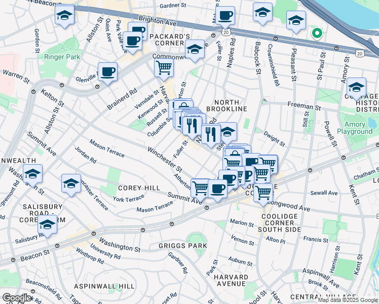 map of restaurants, bars, coffee shops, grocery stores, and more near 404 Harvard Street in Brookline