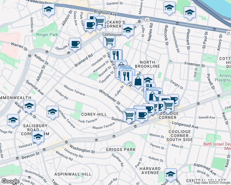 map of restaurants, bars, coffee shops, grocery stores, and more near 31 Coolidge Street in Brookline