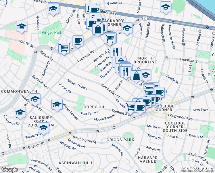 map of restaurants, bars, coffee shops, grocery stores, and more near 12 Thorndike Street in Brookline
