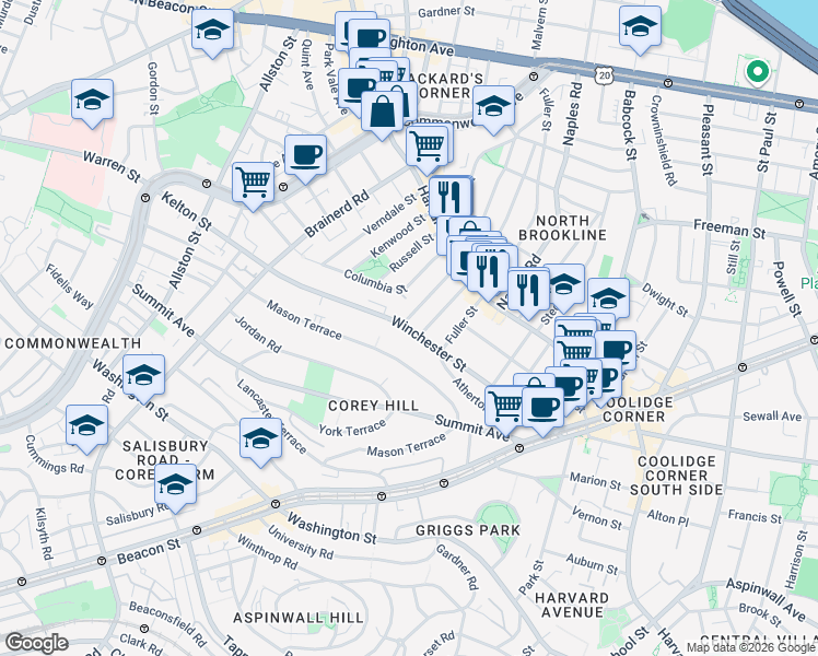 map of restaurants, bars, coffee shops, grocery stores, and more near 12 Thorndike Street in Brookline