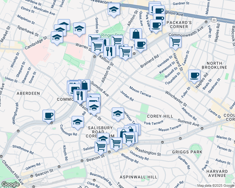 map of restaurants, bars, coffee shops, grocery stores, and more near 246 Corey Road in Boston