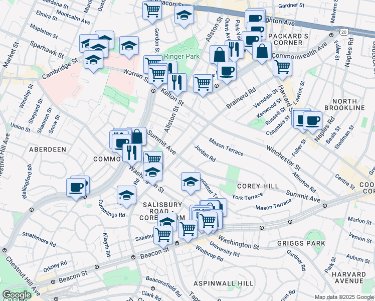 map of restaurants, bars, coffee shops, grocery stores, and more near 246 Corey Road in Boston