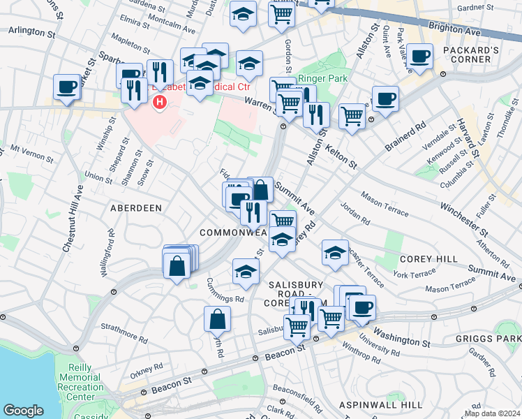 map of restaurants, bars, coffee shops, grocery stores, and more near 1542 Commonwealth Avenue in Boston