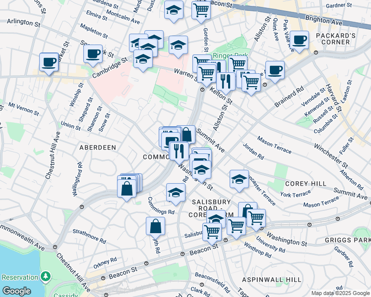 map of restaurants, bars, coffee shops, grocery stores, and more near 1542 Commonwealth Avenue in Boston