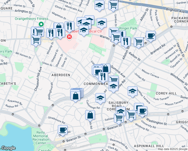 map of restaurants, bars, coffee shops, grocery stores, and more near 68 Fidelis Way in Boston