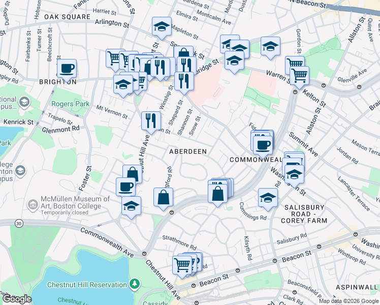 map of restaurants, bars, coffee shops, grocery stores, and more near in Boston