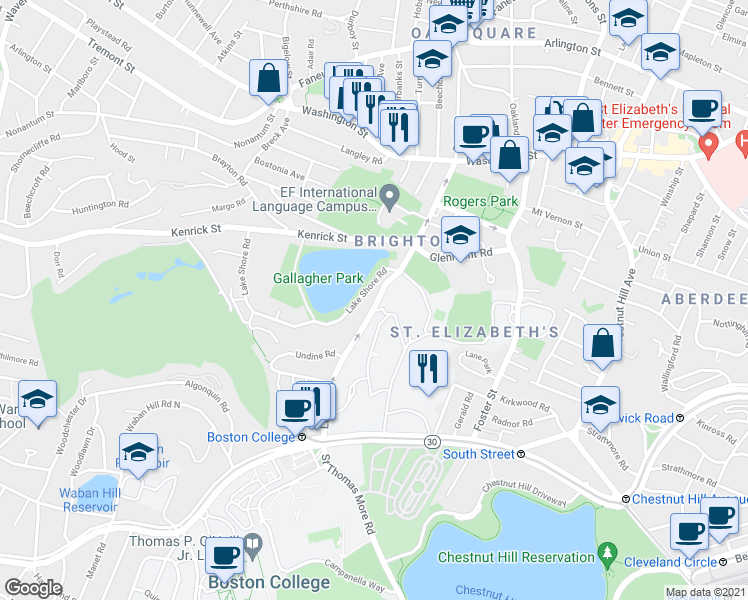 map of restaurants, bars, coffee shops, grocery stores, and more near 36 Lake Shore Road in Boston