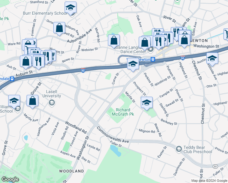 map of restaurants, bars, coffee shops, grocery stores, and more near 45 Auburn Street in Newton