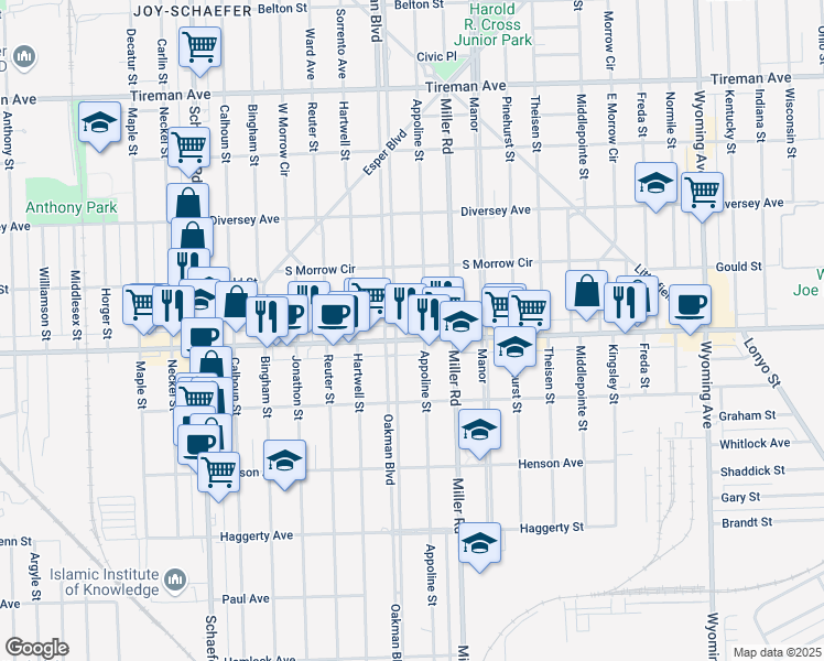 map of restaurants, bars, coffee shops, grocery stores, and more near 7238 Oakman Boulevard in Dearborn