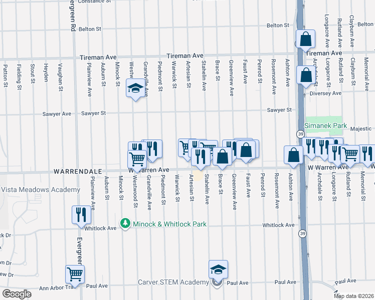 map of restaurants, bars, coffee shops, grocery stores, and more near 7315 Artesian Street in Detroit