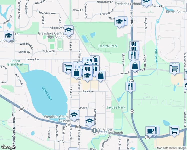 map of restaurants, bars, coffee shops, grocery stores, and more near 21 Seymour Avenue in Grayslake