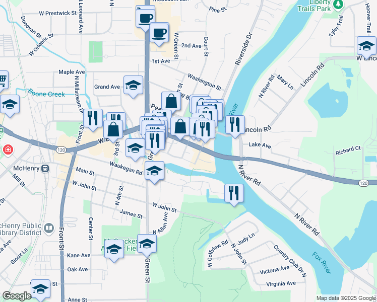 map of restaurants, bars, coffee shops, grocery stores, and more near 3405 West Elm Street in McHenry