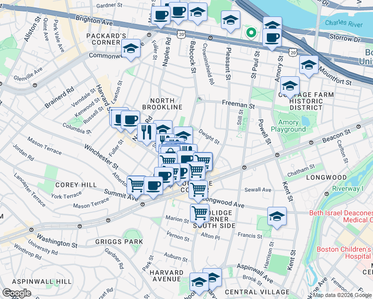 map of restaurants, bars, coffee shops, grocery stores, and more near 43 Babcock Street in Brookline
