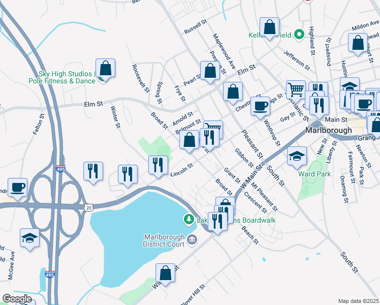 map of restaurants, bars, coffee shops, grocery stores, and more near 117 Broad Street in Marlborough