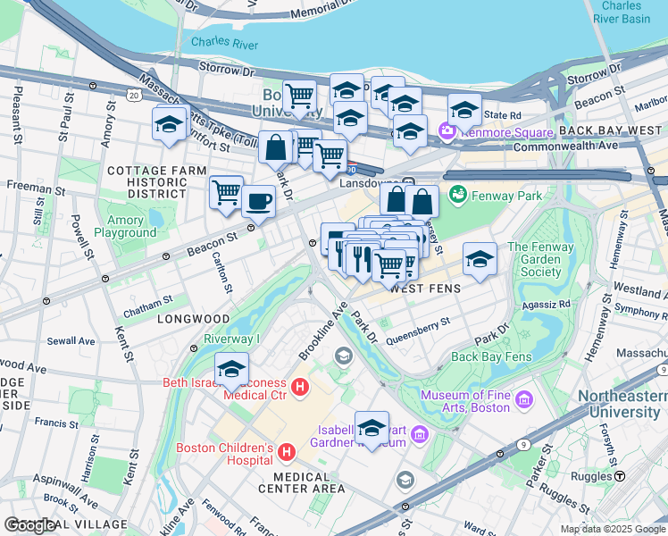 map of restaurants, bars, coffee shops, grocery stores, and more near 401 Park Drive in Boston