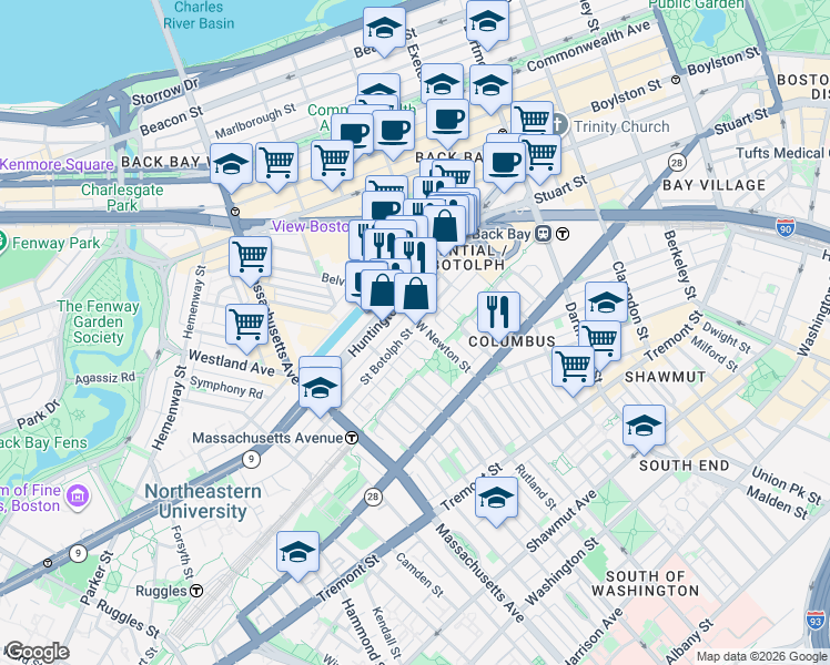 map of restaurants, bars, coffee shops, grocery stores, and more near 94 Saint Botolph Street in Boston