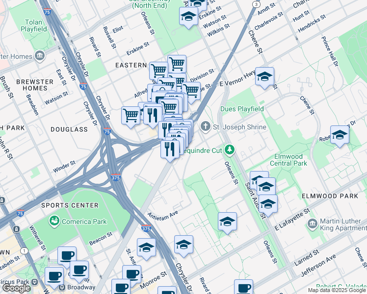 map of restaurants, bars, coffee shops, grocery stores, and more near in Detroit