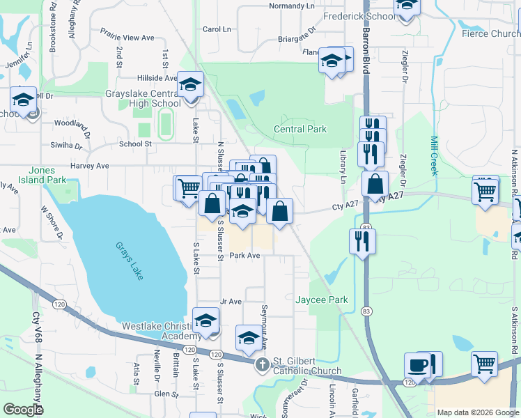 map of restaurants, bars, coffee shops, grocery stores, and more near 21 Seymour Avenue in Grayslake
