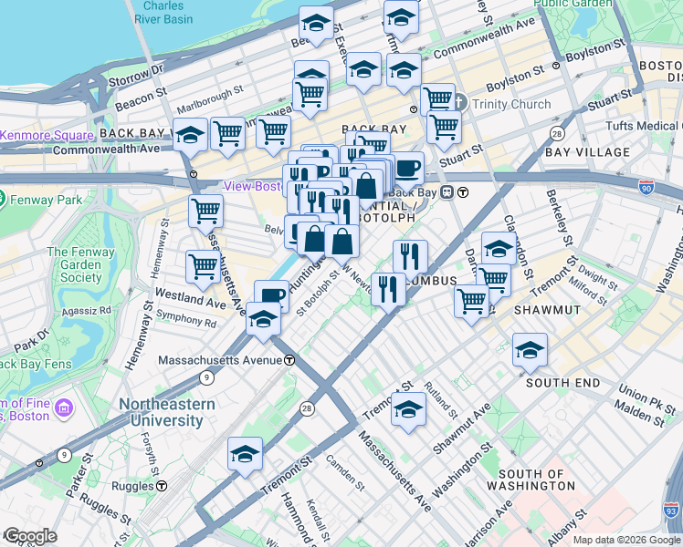 map of restaurants, bars, coffee shops, grocery stores, and more near 94 Saint Botolph Street in Boston