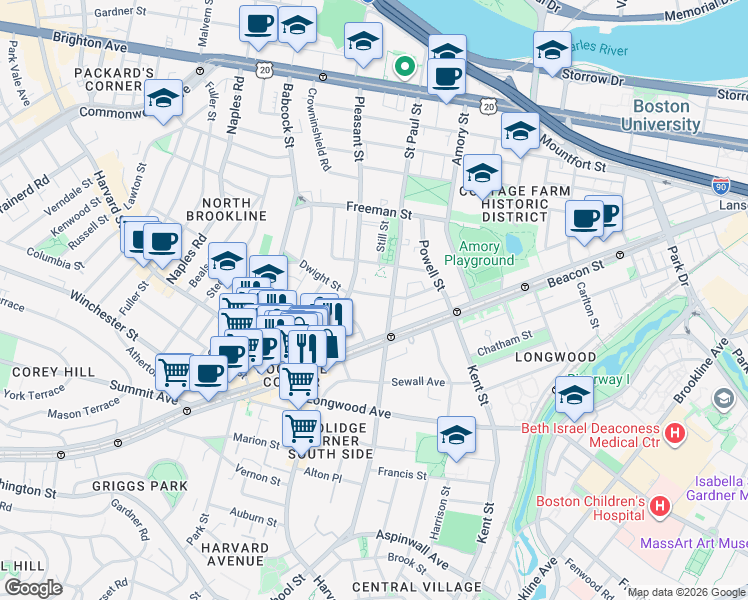 map of restaurants, bars, coffee shops, grocery stores, and more near 58 Parkman Street in Brookline