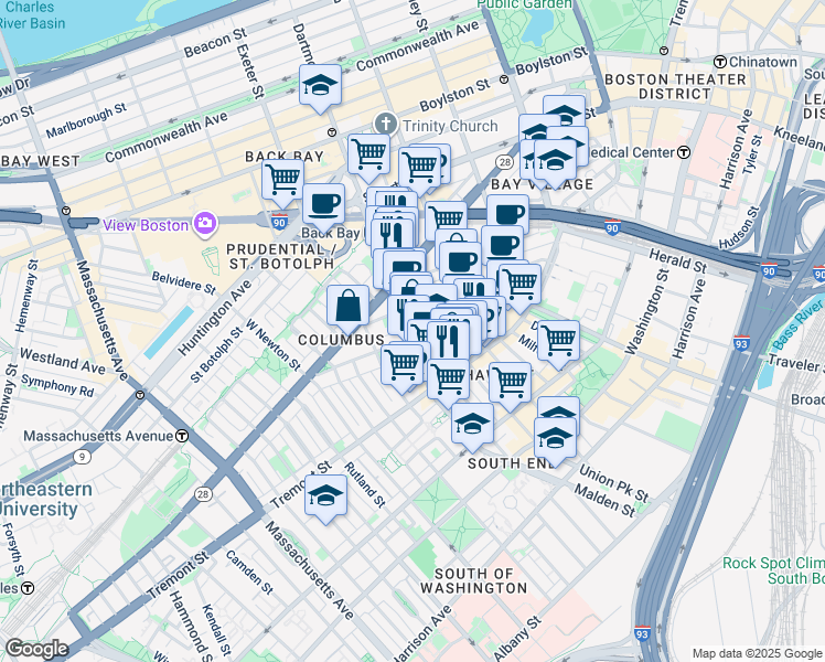 map of restaurants, bars, coffee shops, grocery stores, and more near 67 Dartmouth Street in Boston