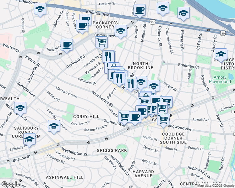 map of restaurants, bars, coffee shops, grocery stores, and more near 404-406A Harvard Street in Brookline