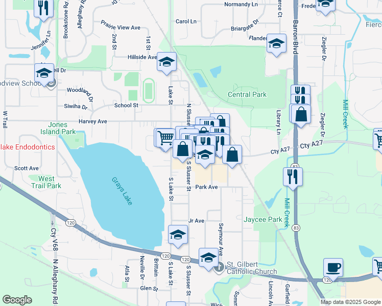 map of restaurants, bars, coffee shops, grocery stores, and more near 30 North Slusser Street in Grayslake
