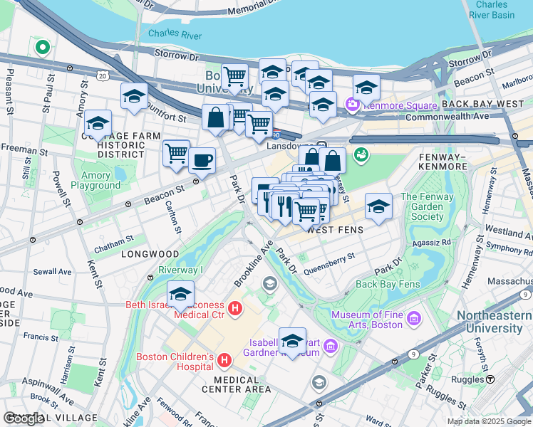 map of restaurants, bars, coffee shops, grocery stores, and more near 309 Park Drive in Boston