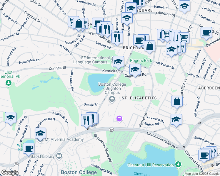 map of restaurants, bars, coffee shops, grocery stores, and more near 116 Lake Street in Boston