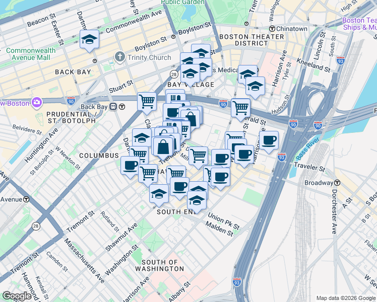 map of restaurants, bars, coffee shops, grocery stores, and more near 50 Dwight Street in Boston