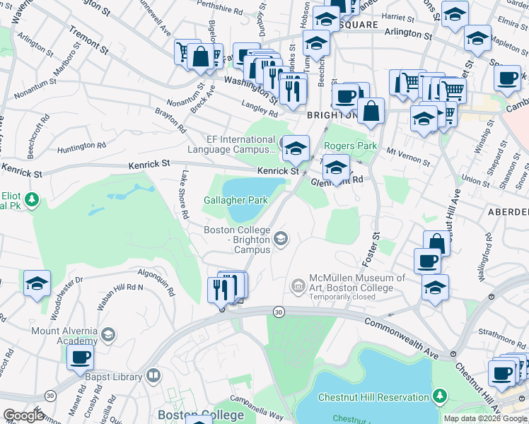 map of restaurants, bars, coffee shops, grocery stores, and more near 49 Lake Shore Road in Boston
