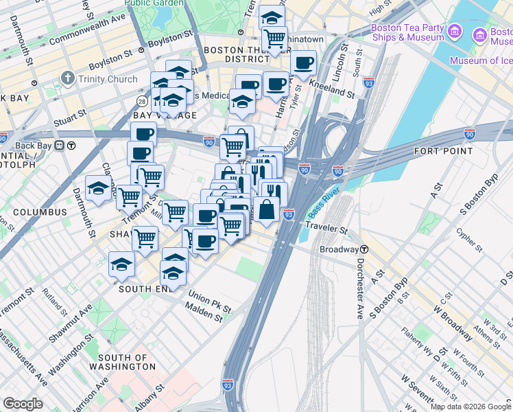 map of restaurants, bars, coffee shops, grocery stores, and more near 40 Traveler Street in Boston