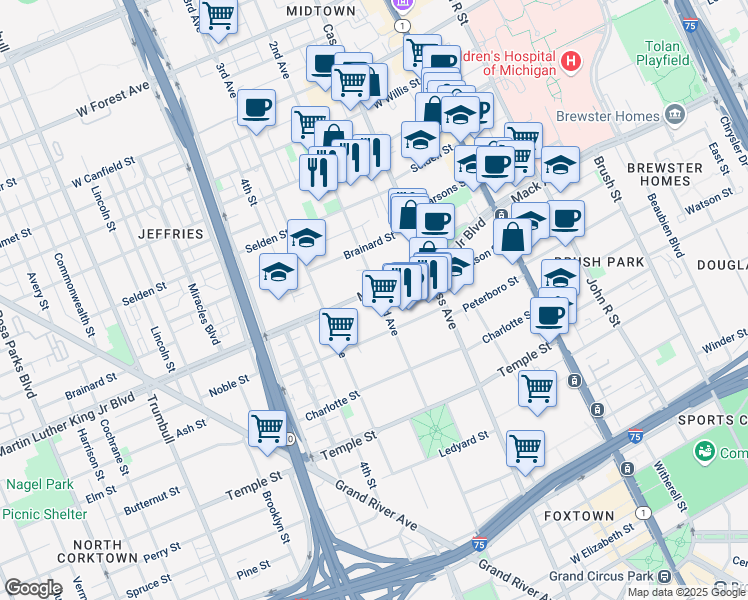 map of restaurants, bars, coffee shops, grocery stores, and more near 561 Martin Luther King Junior Boulevard in Detroit