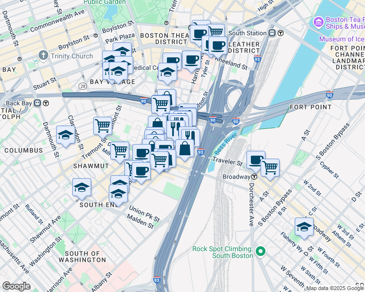 map of restaurants, bars, coffee shops, grocery stores, and more near 348 Harrison Avenue in Boston