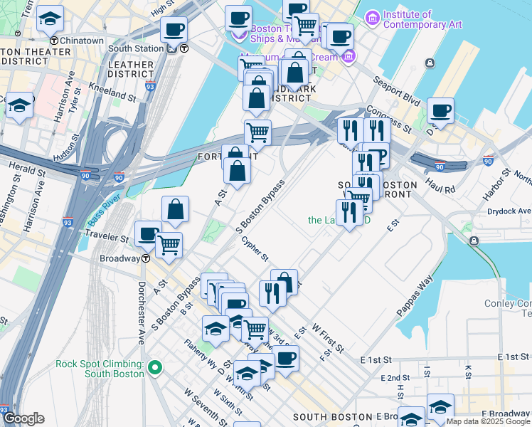 map of restaurants, bars, coffee shops, grocery stores, and more near West Service Road in Boston