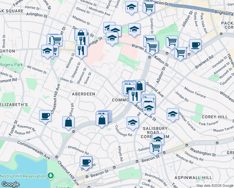 map of restaurants, bars, coffee shops, grocery stores, and more near 116 Washington Street in Boston