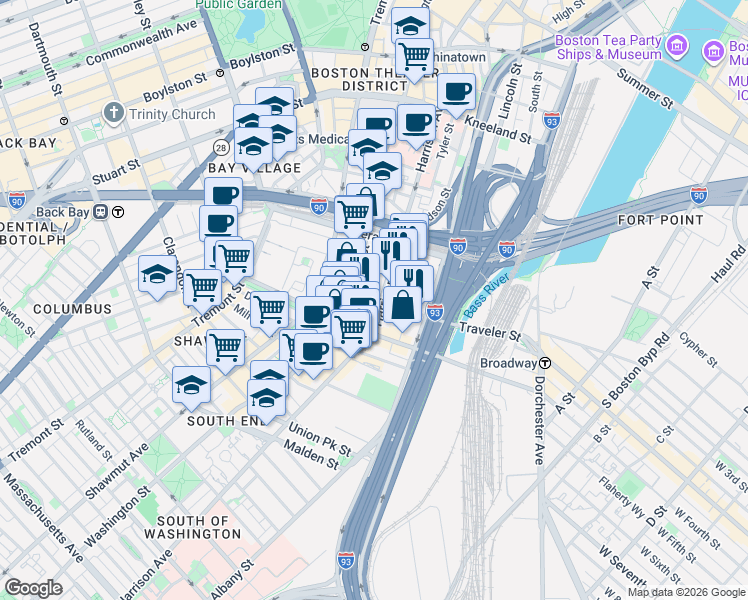 map of restaurants, bars, coffee shops, grocery stores, and more near 341 Harrison Avenue in Boston