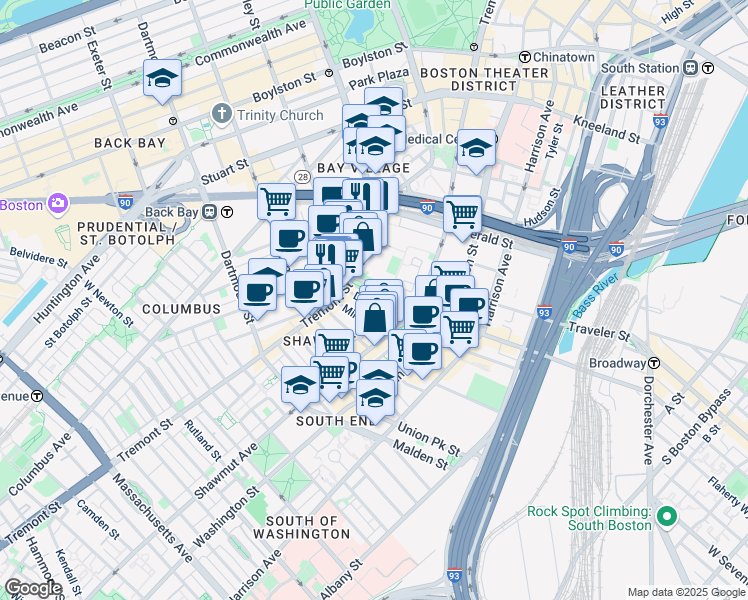 map of restaurants, bars, coffee shops, grocery stores, and more near 58 East Berkeley Street in Boston