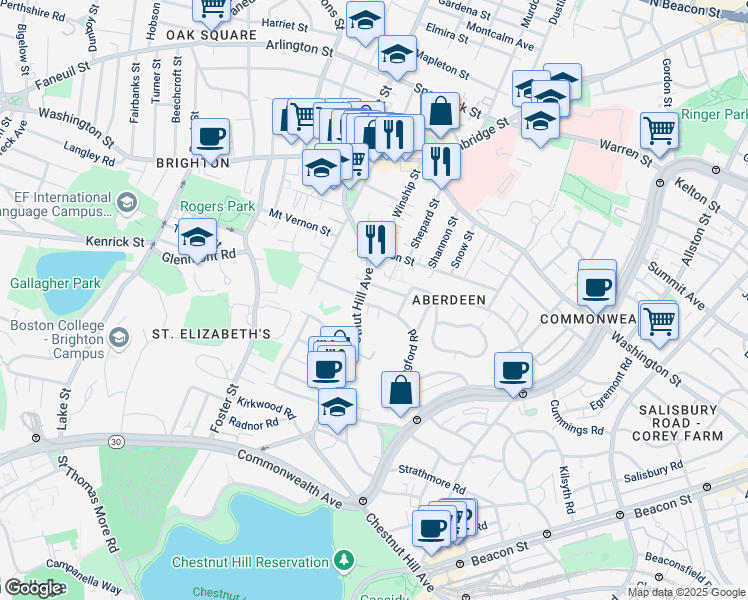 map of restaurants, bars, coffee shops, grocery stores, and more near 8 Priscilla Road in Boston