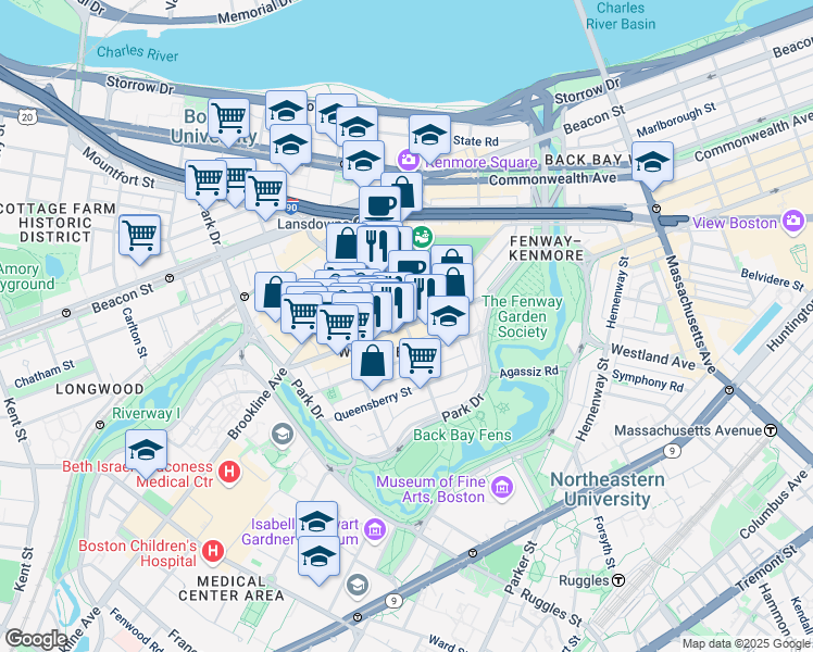 map of restaurants, bars, coffee shops, grocery stores, and more near Boylston Street & Yawkey Way in Boston