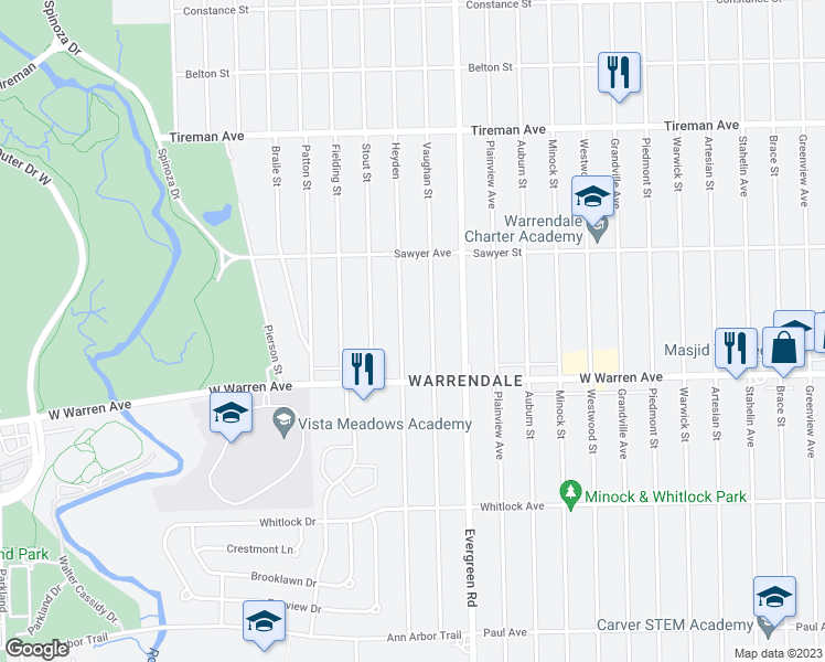 map of restaurants, bars, coffee shops, grocery stores, and more near 7296 Heyden Avenue in Detroit