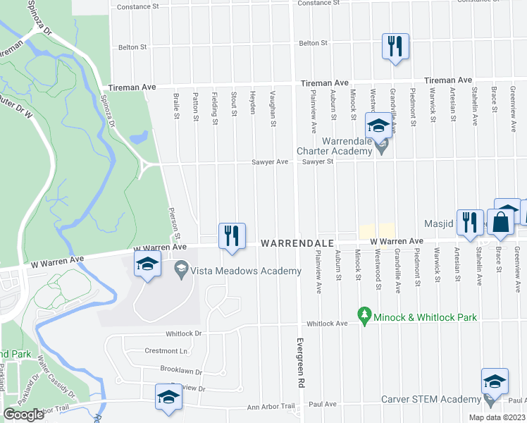 map of restaurants, bars, coffee shops, grocery stores, and more near 7296 Heyden in Detroit