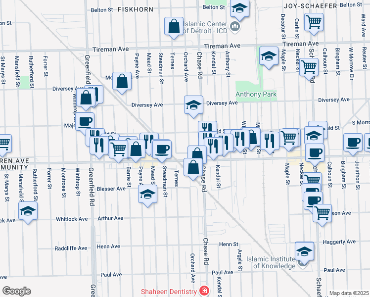 map of restaurants, bars, coffee shops, grocery stores, and more near 7312 Ternes in Dearborn