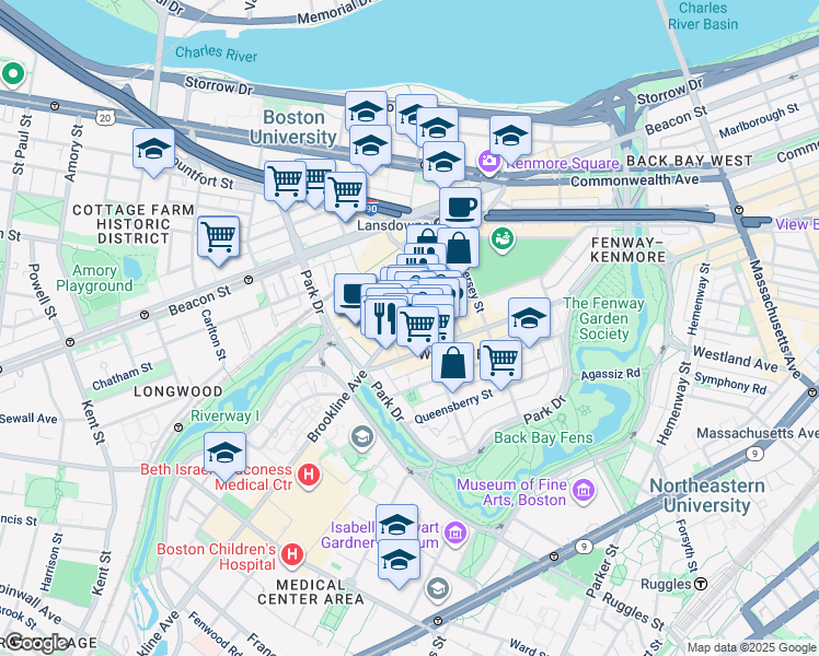 map of restaurants, bars, coffee shops, grocery stores, and more near 150 Brookline Avenue in Boston