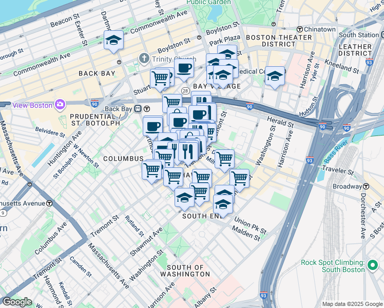 map of restaurants, bars, coffee shops, grocery stores, and more near 543 Tremont Street in Boston