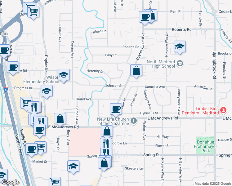 map of restaurants, bars, coffee shops, grocery stores, and more near 1553 Crater Lake Avenue in Medford