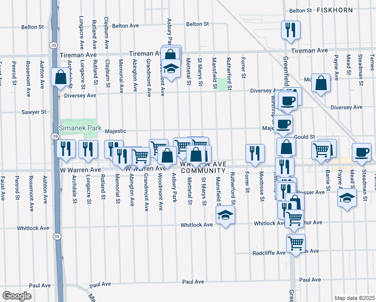 map of restaurants, bars, coffee shops, grocery stores, and more near 7297 Mettetal Street in Detroit